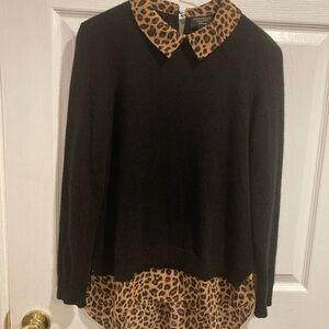 Charter Club Black and Brown Crew Neck Sweater with Leopard Details